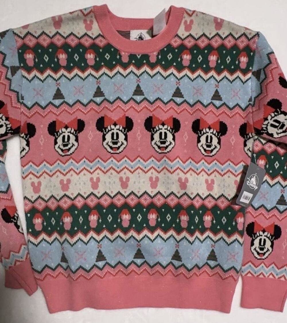 Disney Store NWT Minnie Mouse Holiday Christmas Sweater Pink, Green - Adult S